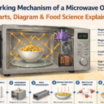 Working mechanism of microwave oven showing magnetron, waveguide and step-by-step heating process