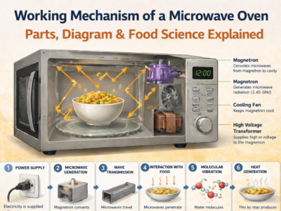 Working mechanism of microwave oven showing magnetron, waveguide and step-by-step heating process