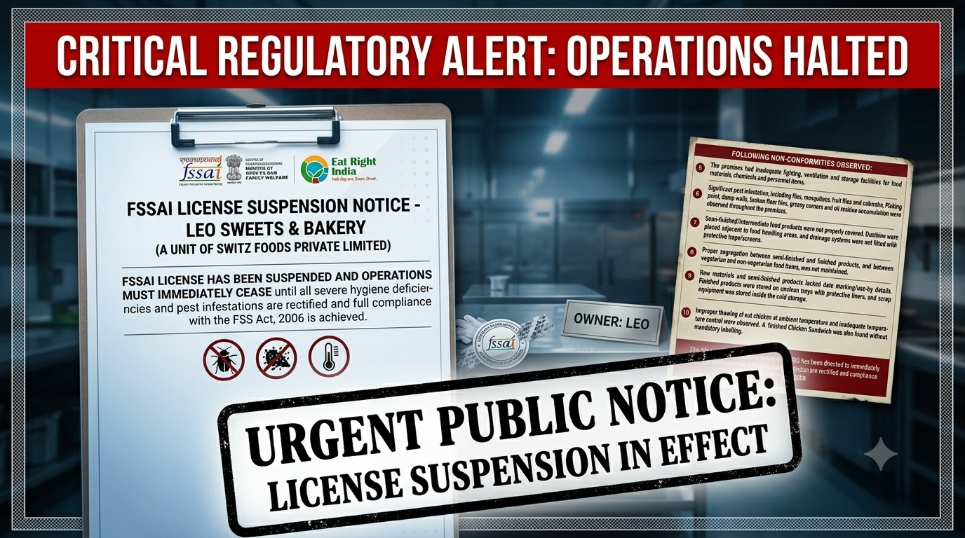 FSSAI Suspends Switz Foods License Over Severe Hygiene Violations & Pest Infestations
